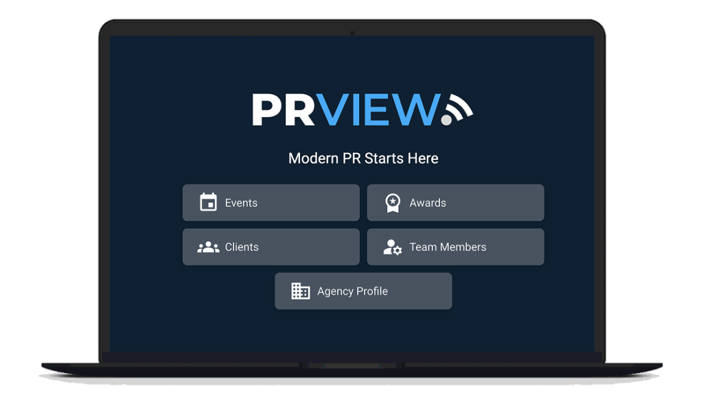 PRVIEW workspace shown on a laptop with events, awards, clients and team member shortcuts